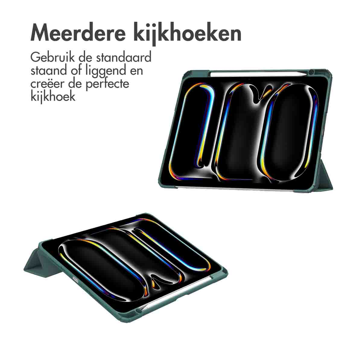 Two tablet cases, angled. One with a stand, one flat. Text: Multiple viewing angles.