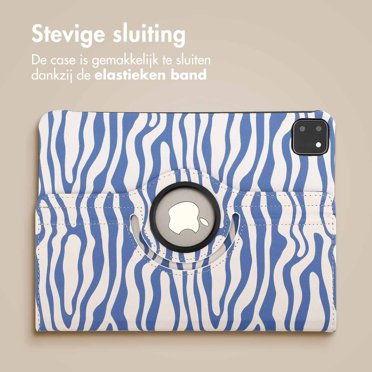 Tablet case with zebra print, blue and white. Text: sturdy closure. Beige background.