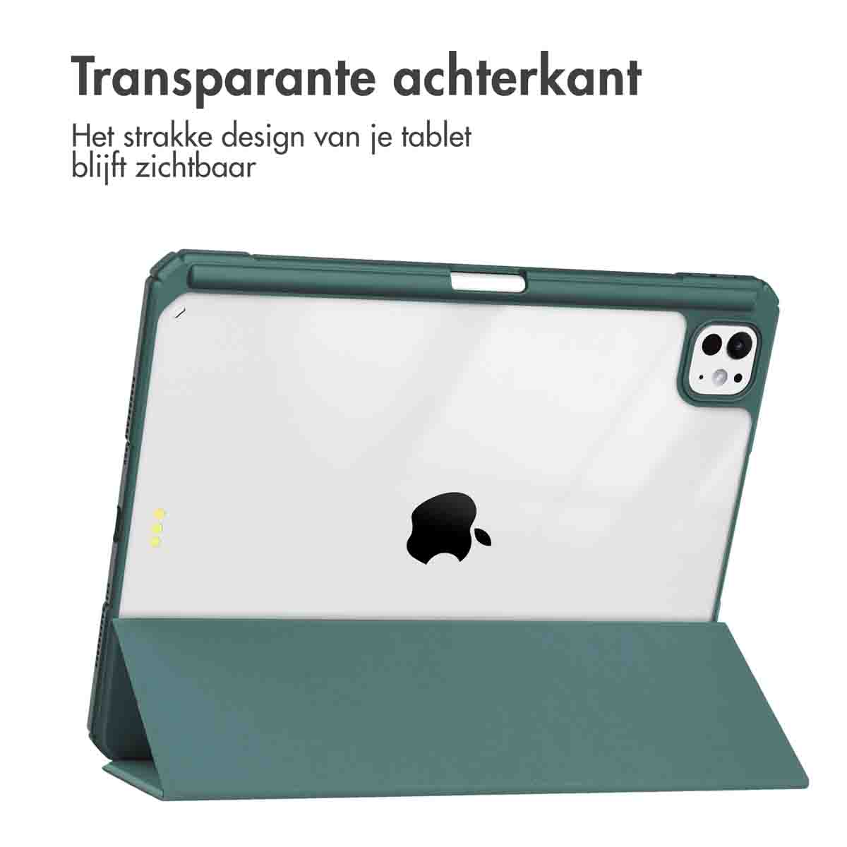 Tablet in a green case with a transparent back. Apple logo is visible. Text in Dutch.