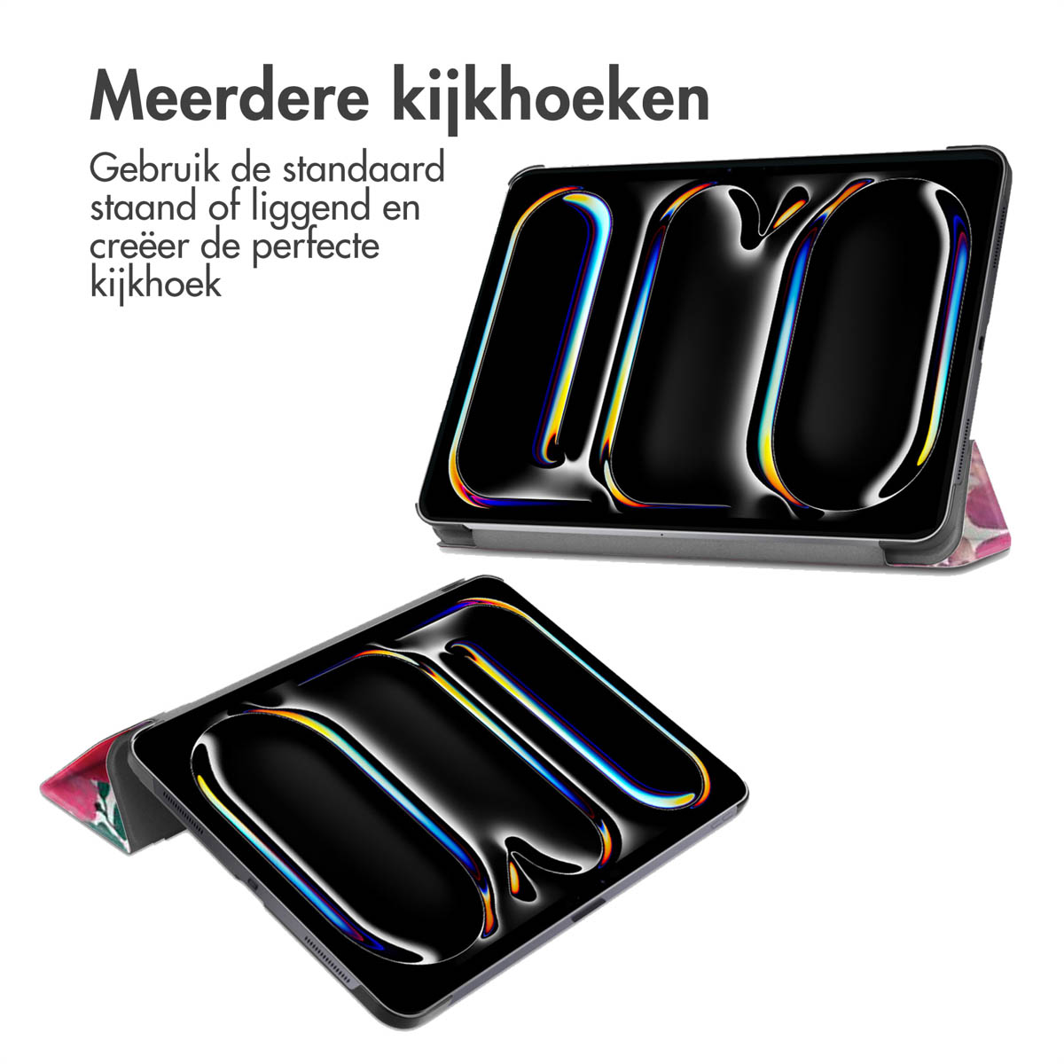Two iPad cases with a screen display, one in a standing position, both reflecting light.