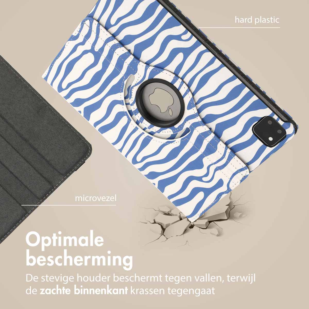A tablet case with a zebra print on a light blue background, with hard plastic and microfiber materials.