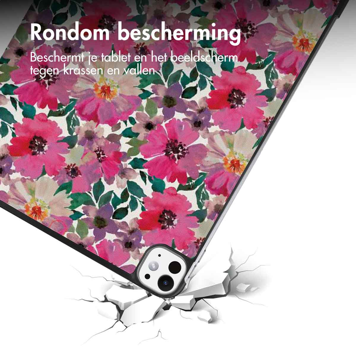 A tablet case with a floral pattern falling to the ground.