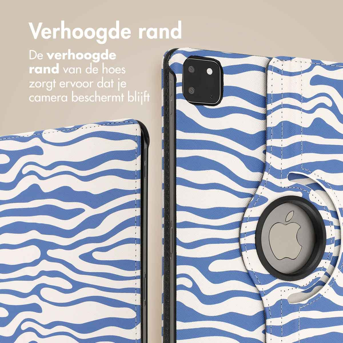 Close-up of a tablet case with blue and white zebra stripes, showing the Apple logo.