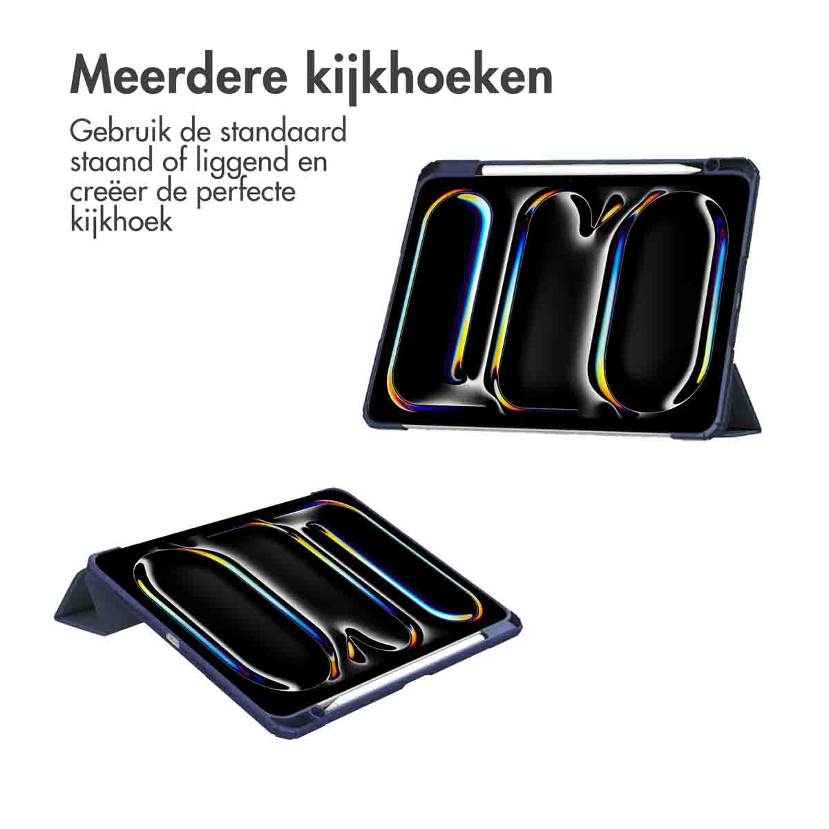 Two tablets in black cases, angled on a white surface. The cases have multiple viewing angle options.