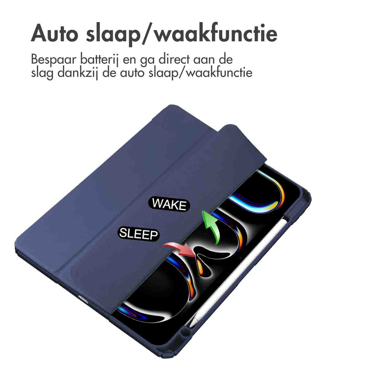 Tablet case with open cover, dark blue. Text: Auto sleep/wake function. White background.