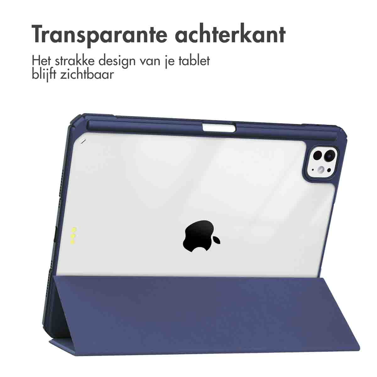 Tablet case with a blue cover, showing the back of the tablet with the Apple logo and a clear case.