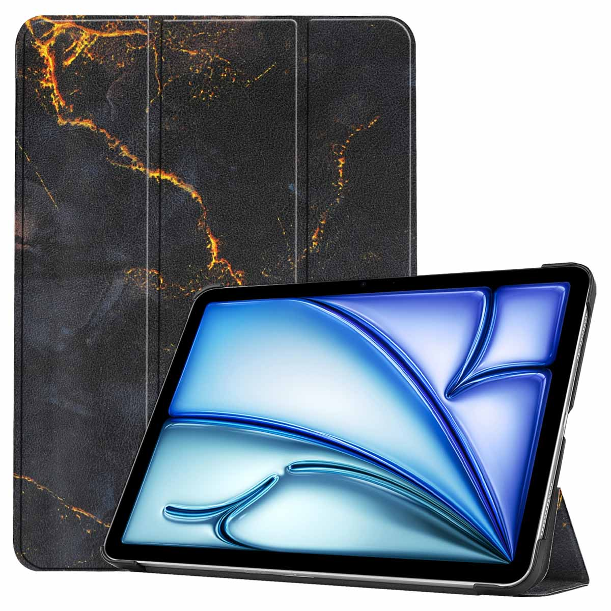 Tablet in black and gold marble case. The tablet is open and in landscape mode.