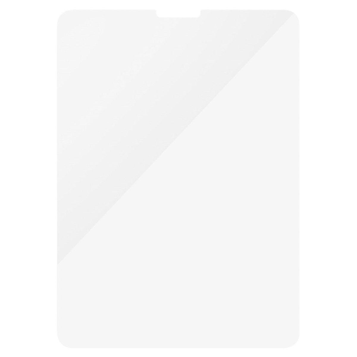 Un proteggi schermo bianco e rettangolare con una leggera riflessione diagonale. Ha una piccola tacca in alto.