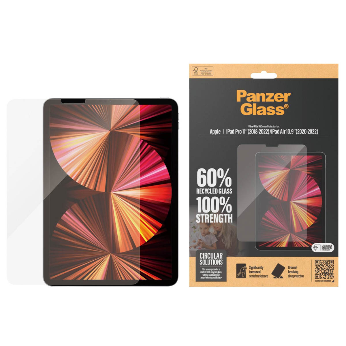 Un iPad Pro con protezione schermo. Una scatola a destra mostra i dettagli del prodotto, tra cui Panzer Glass, vetro riciclato e resistenza.