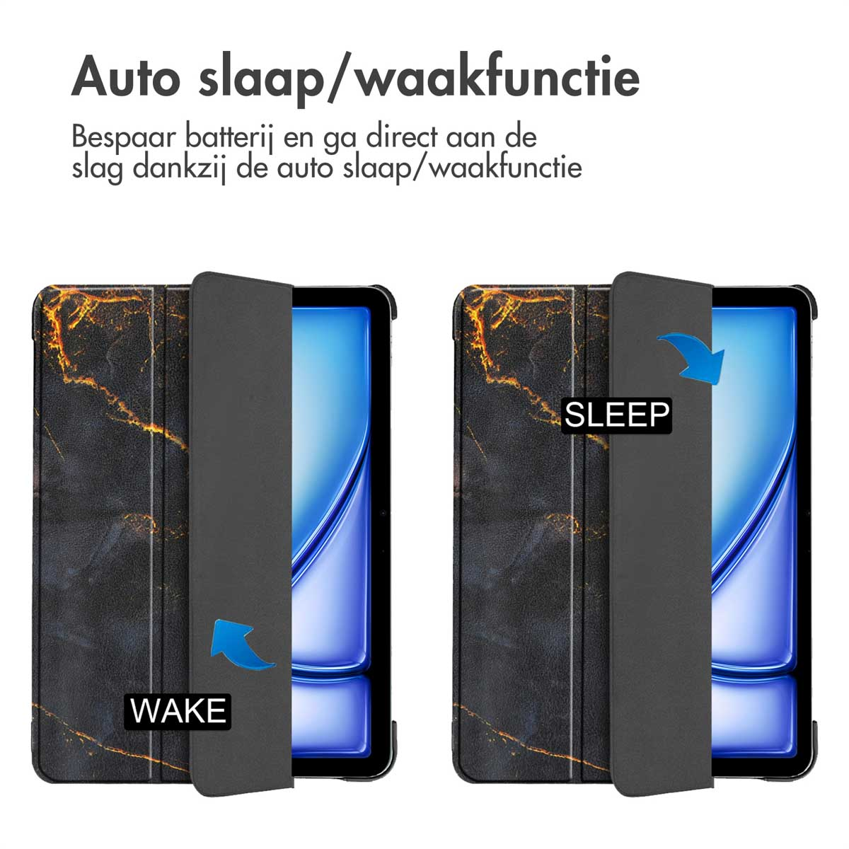 Two tablets in marble cases, open. Sleep and wake arrows displayed. Text in Dutch.