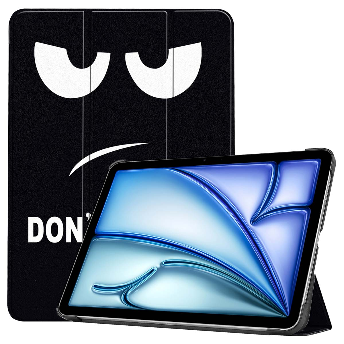 Black tablet case. The case has a sad face. The tablet screen is blue and white with design.