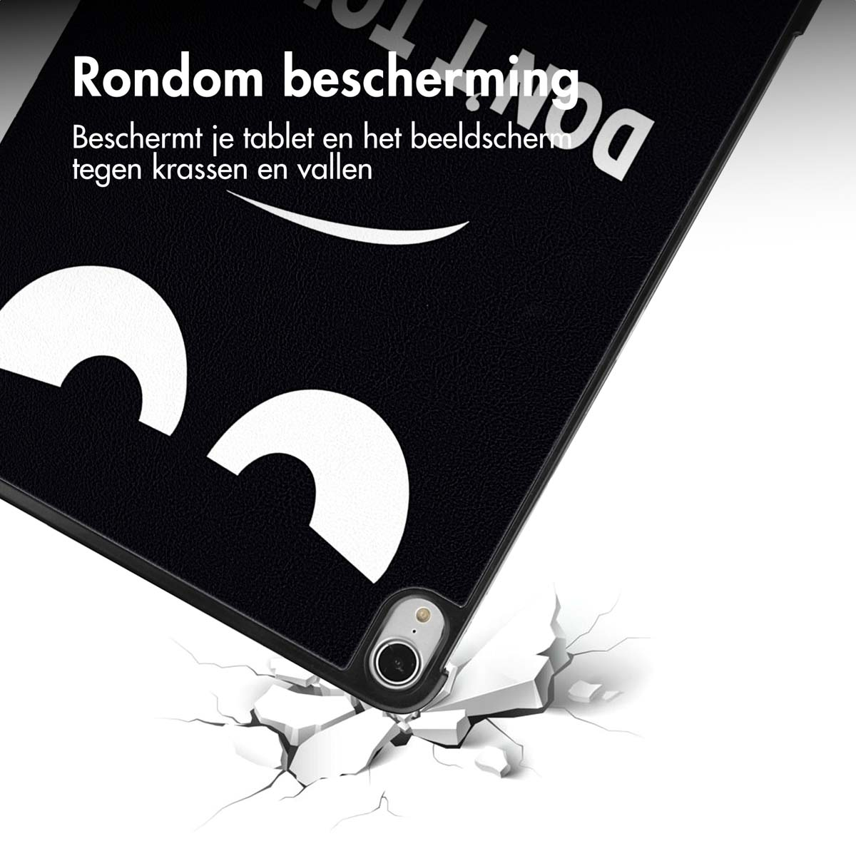 Black tablet case with a white design on it, with a camera lens in the corner. Text: All-round protection.
