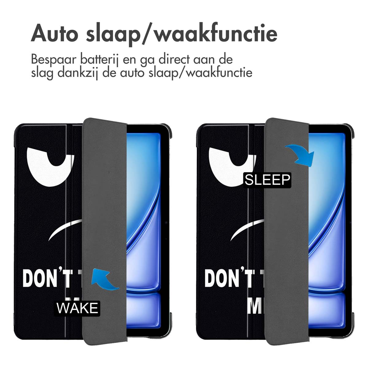 Two tablet cases with auto sleep/wake function. One closed, one open, with arrows indicating use.