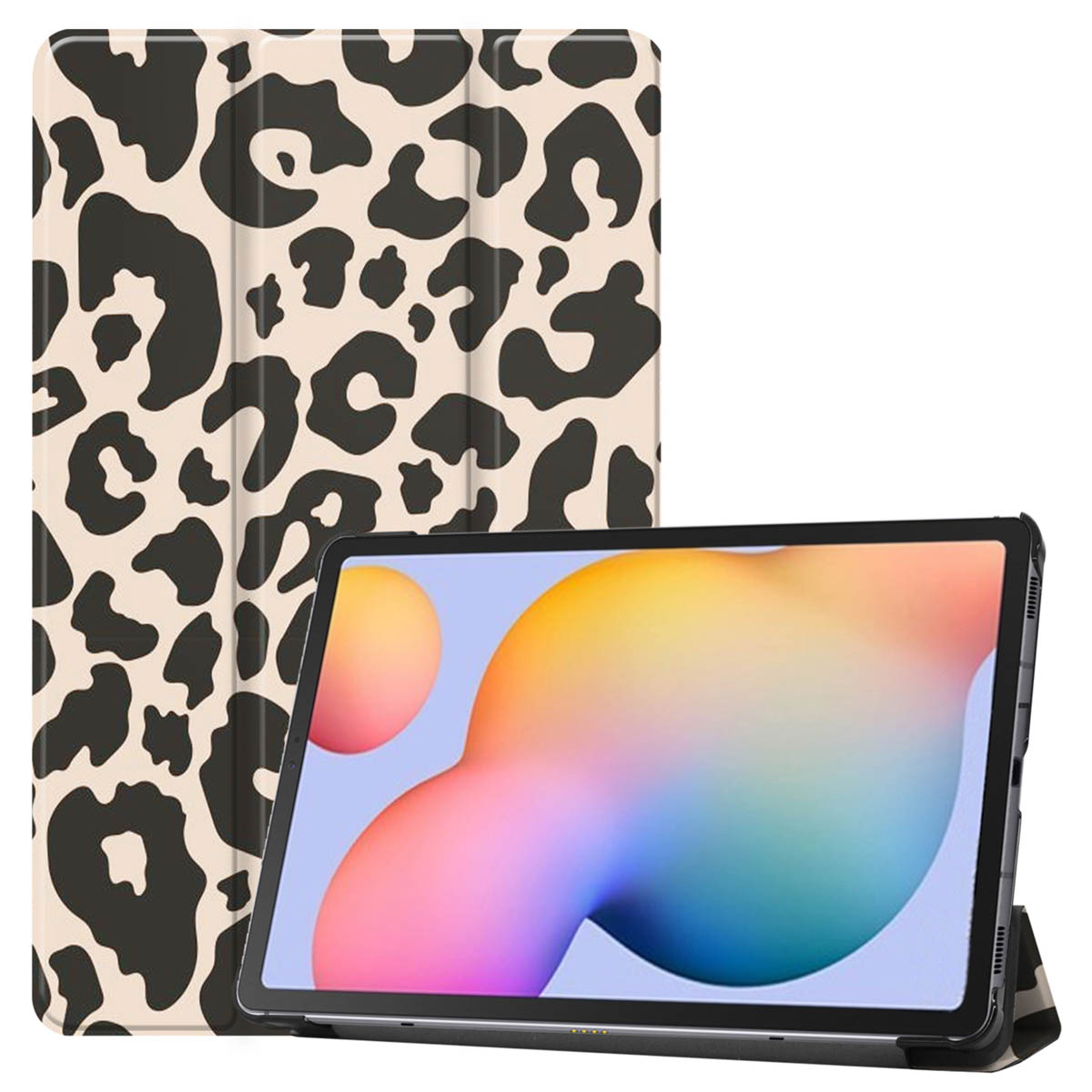 Een tablet in een hoesje met luipaardprint, met een tablet scherm zichtbaar.