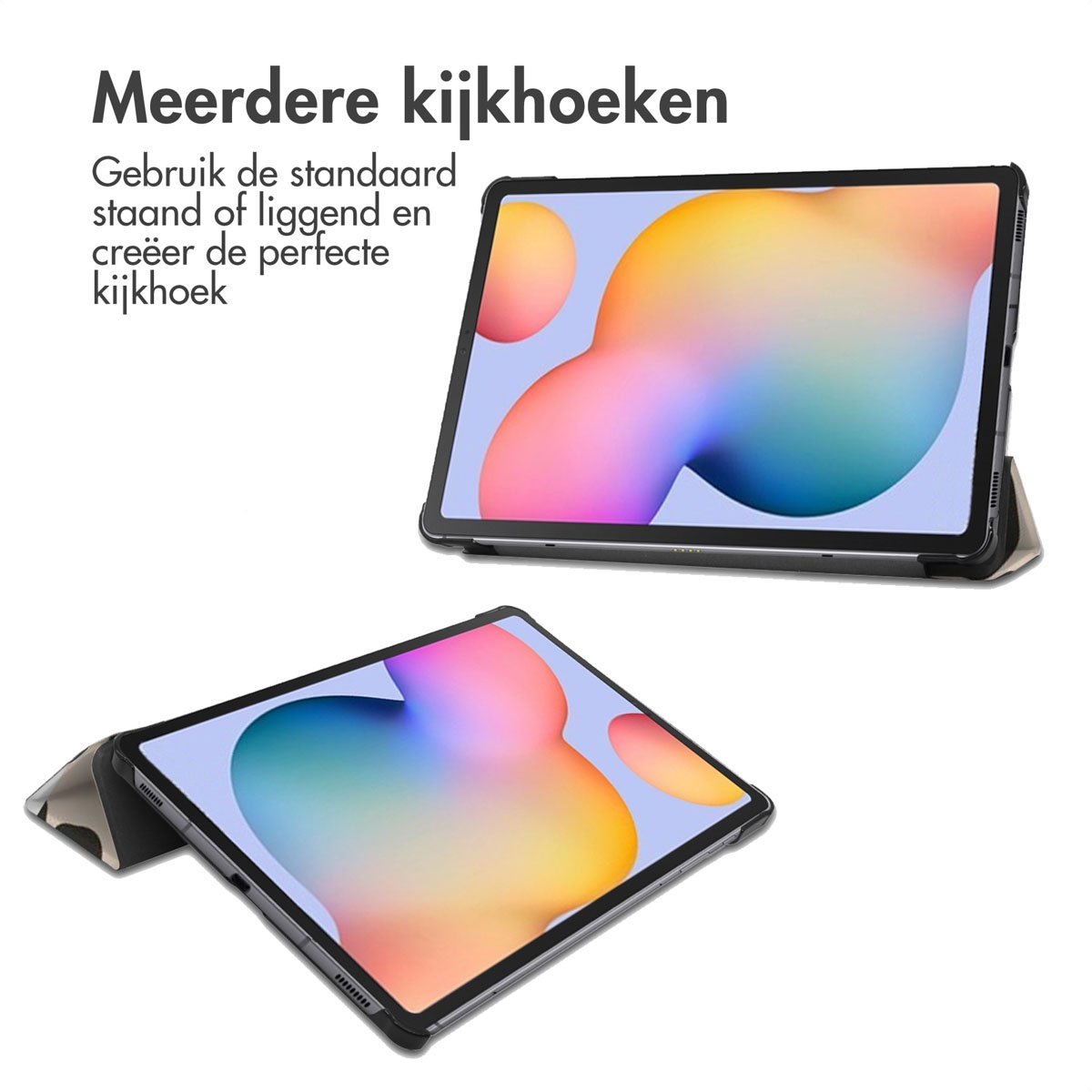 Tablet in een hoes, meerdere kijkhoeken, witte achtergrond.