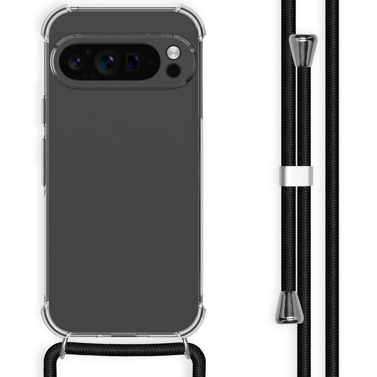 Un étui de téléphone transparent avec un cordon noir autour du téléphone et un cordon noir et doré.