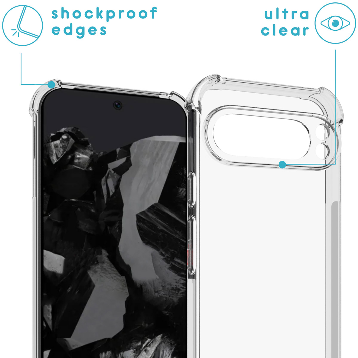 Gros plan d'un étui de tablette transparent avec des bords antichoc, avec une image de téléphone à l'intérieur.