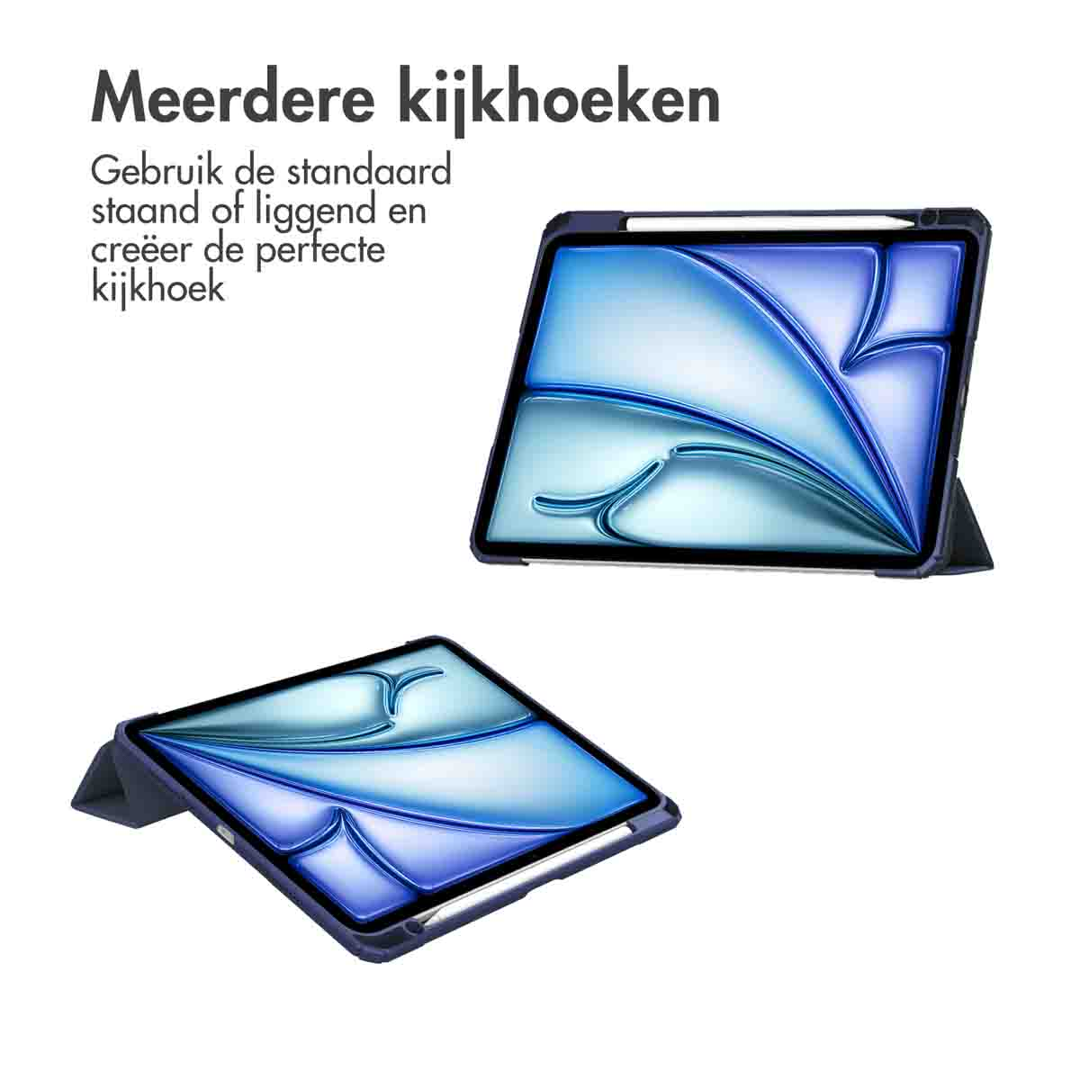 Tablets in different positions. One tablet is propped up. The screen is blue and white with a design.