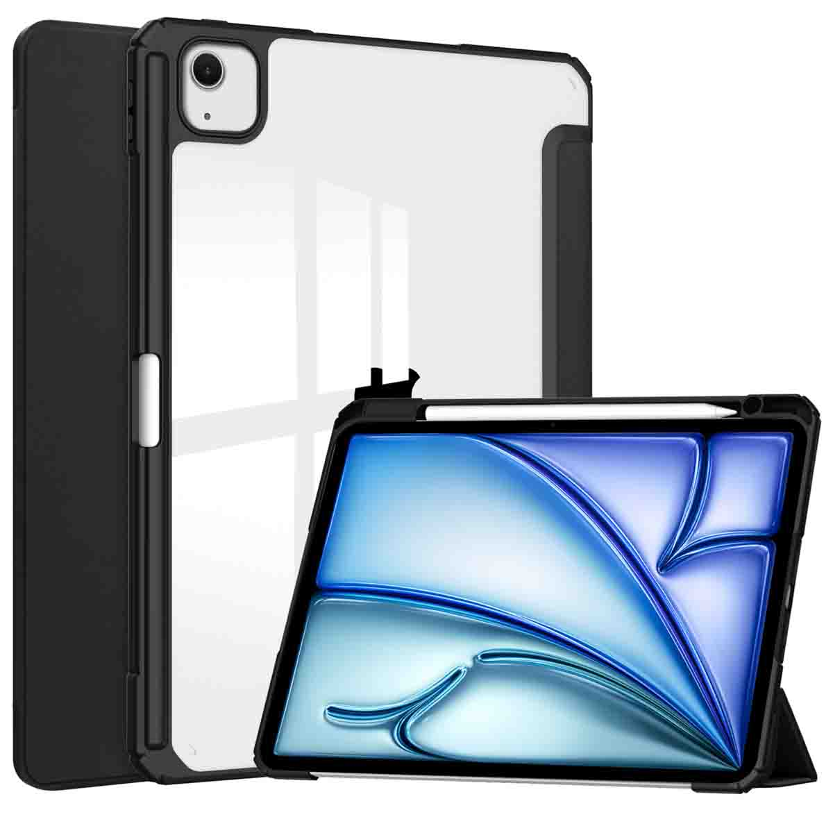 Tablet in a black case. The case has a transparent back. The screen is blue and white with a design.