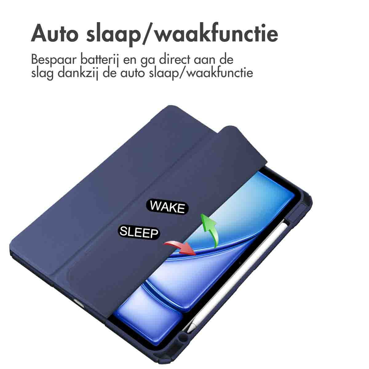 Tablet with a blue cover. The screen is showing and it has a white pen. The text is 'WAKE' and 'SLEEP'.