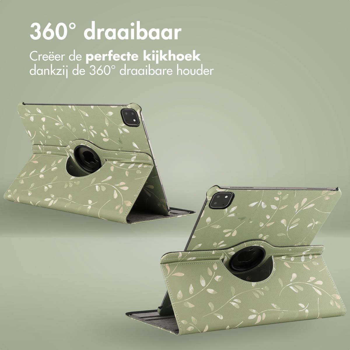 Tablet case with a rotating stand. Green with white leaf pattern.