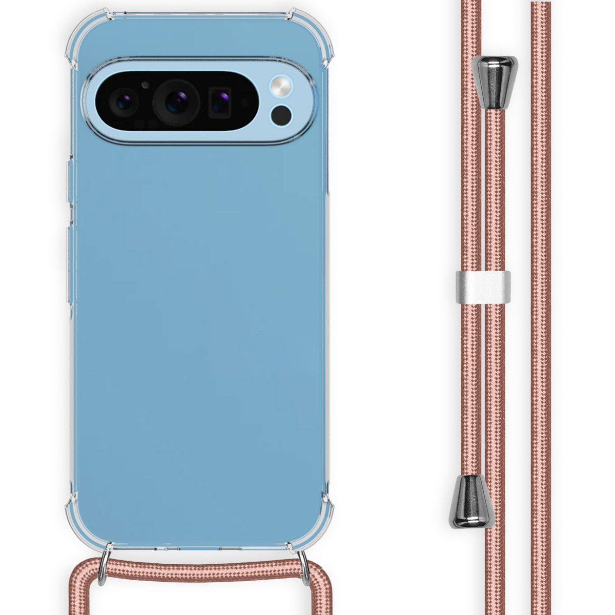 Blaue Handyhülle mit pinkfarbenem Umhängeband. Telefon hat Kameras und ist am Umhängeband befestigt.