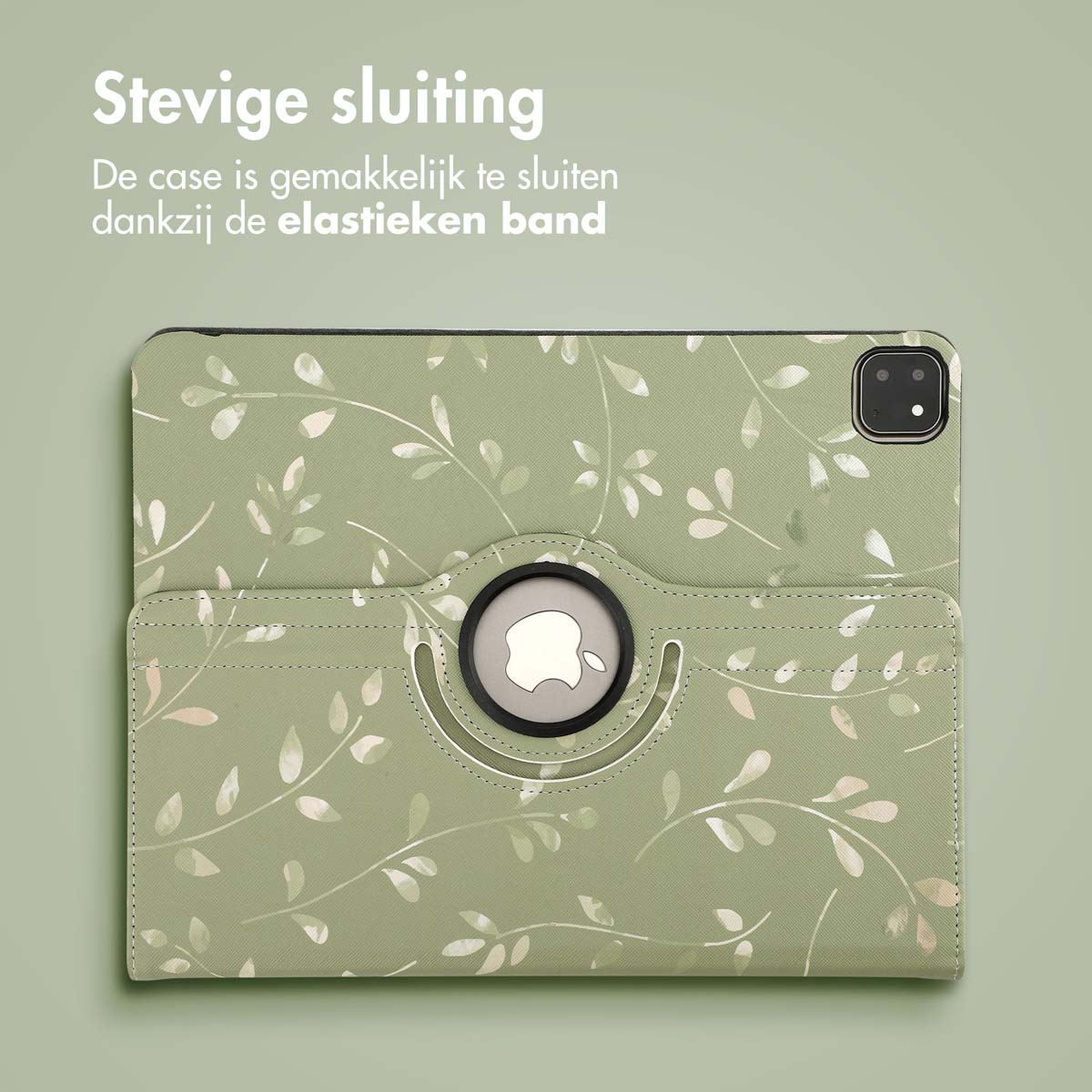 Green tablet case with leaf pattern. Case open, showing the Apple logo.