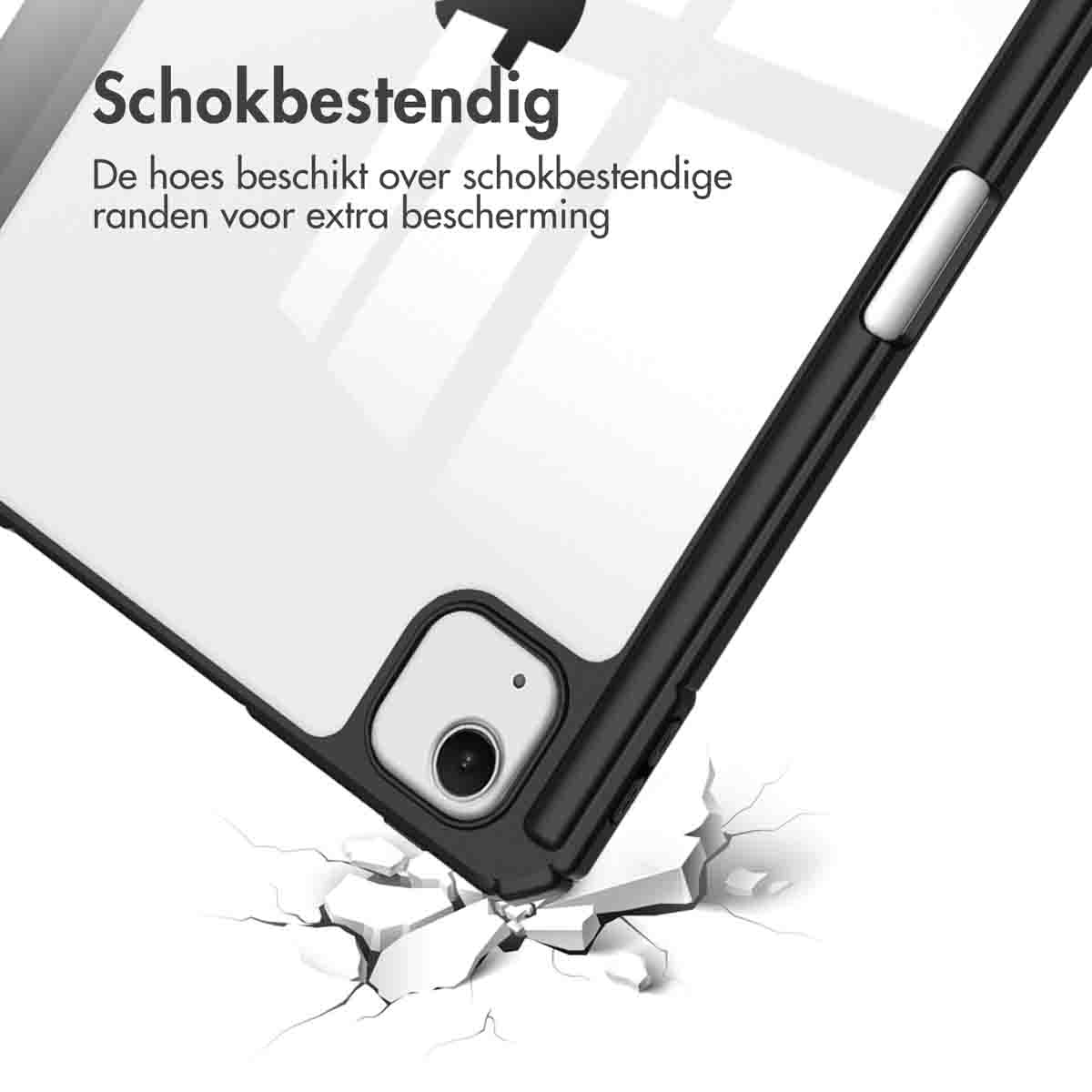 A close-up of an iPad case with a black border, shown damaged with a crack below the iPad.