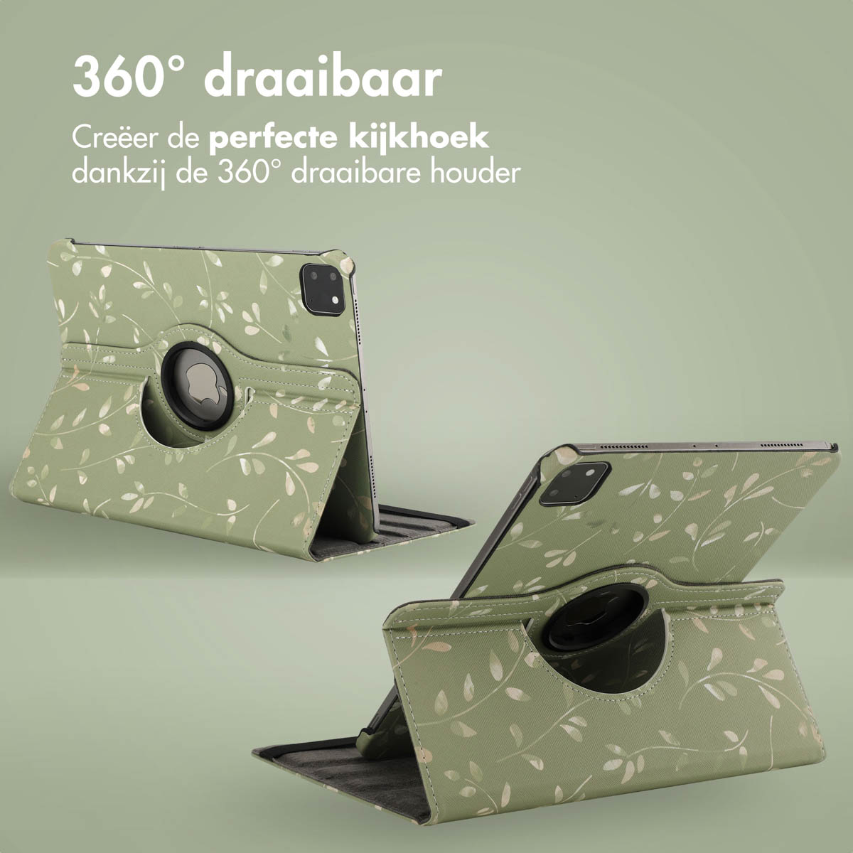 Two tablets in cases with floral design, one tilted and one flat.