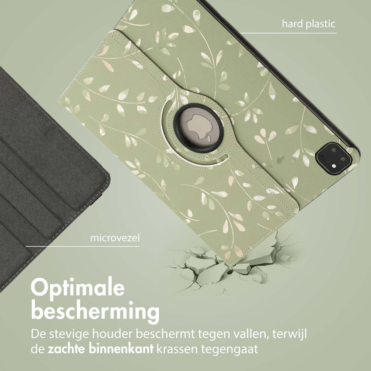 Tablet case, green with white leaf pattern, with a tablet inside at an angle.