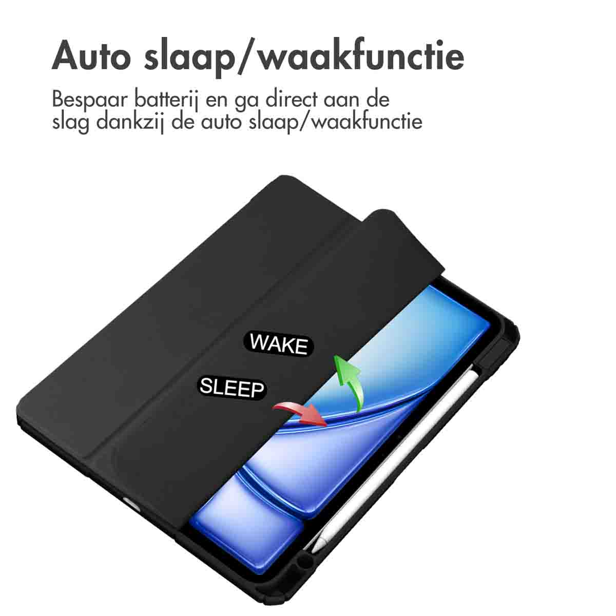 Tablet case with auto sleep/wake function. Open tablet with arrows showing the sleep/wake function.