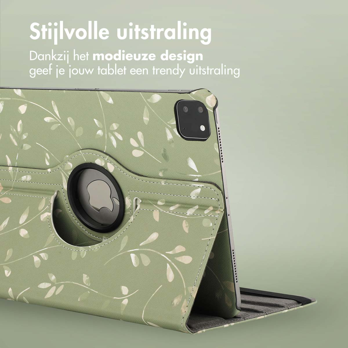 Tablet case, green floral design. Text: stylish appearance. Green background.