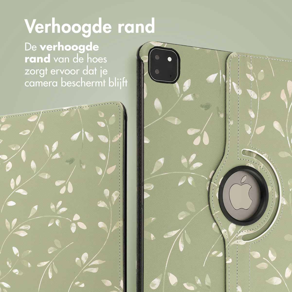 Tablet in green floral case, close-up. Text about the camera is visible. Apple logo visible.