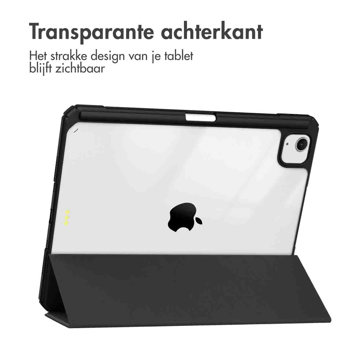 Tablet case with a transparent back and black frame, showing the tablet's design, on white surface.