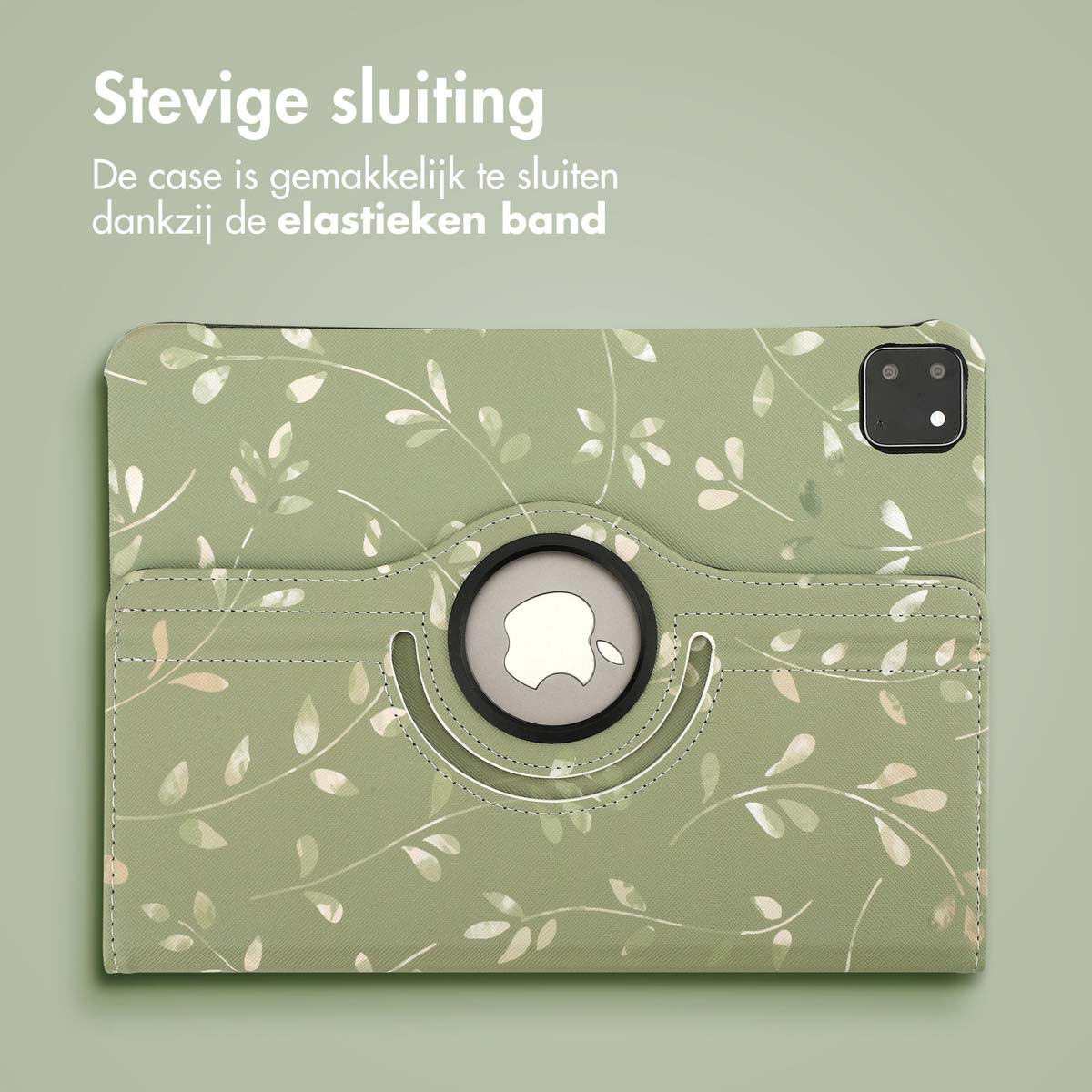 Tablet case with a green floral design. The case is open, showing the interior, and has an Apple logo.