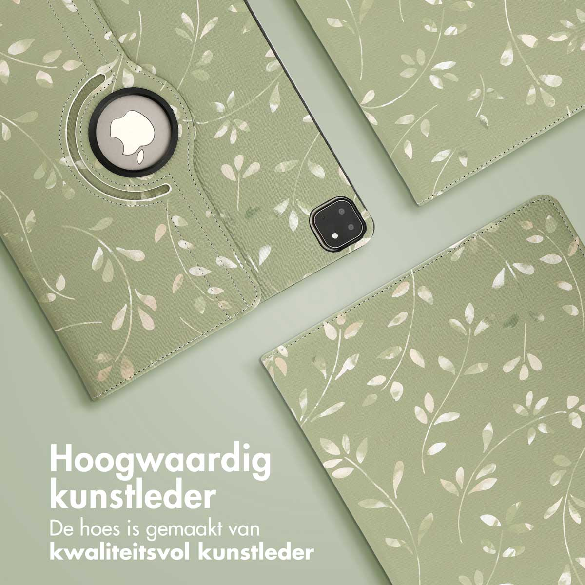 Green leather tablet case with floral pattern. The case is made of quality faux leather.