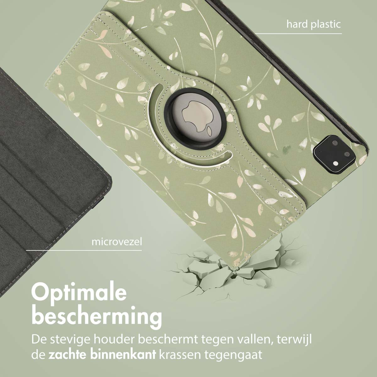 Green tablet case with floral pattern, hard plastic and microfiber. It protects against falls and scratches. Impact effect.