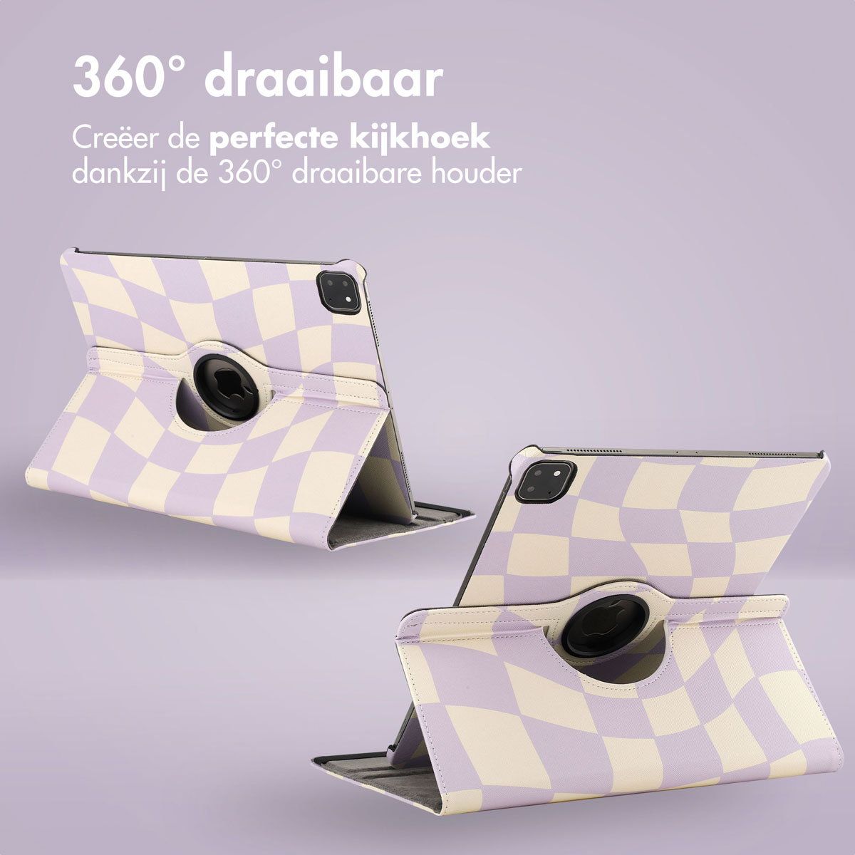 Purple and cream checkered tablet case. Two tablets displayed at different angles.