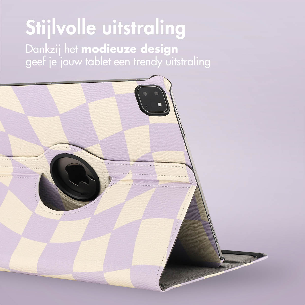 Tablet in a checkered case. The case is purple and white. Text on the top says 'Stylish appearance'. Purple background.