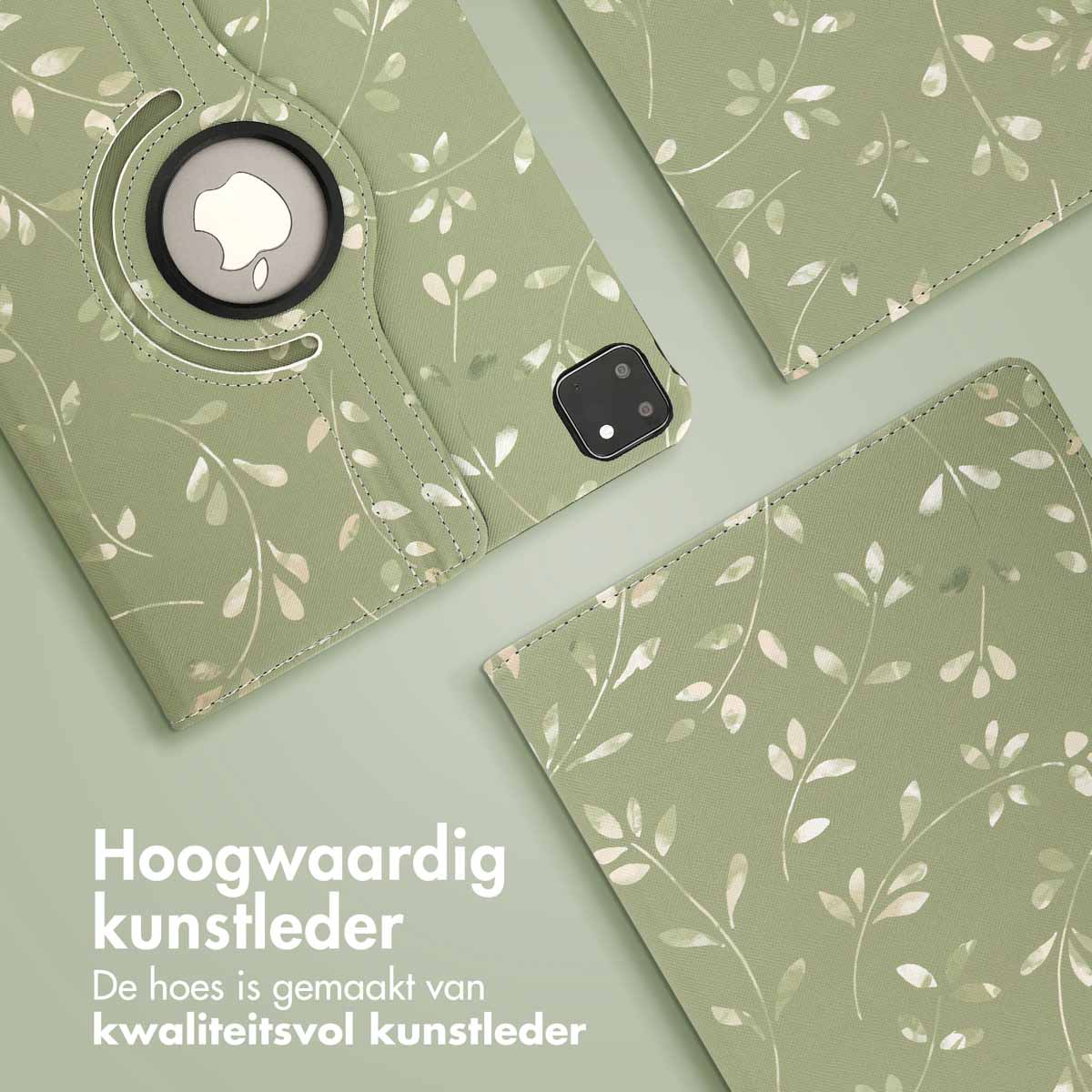 Tablet case with a green floral pattern on a green surface, with leaves and a cracked effect.