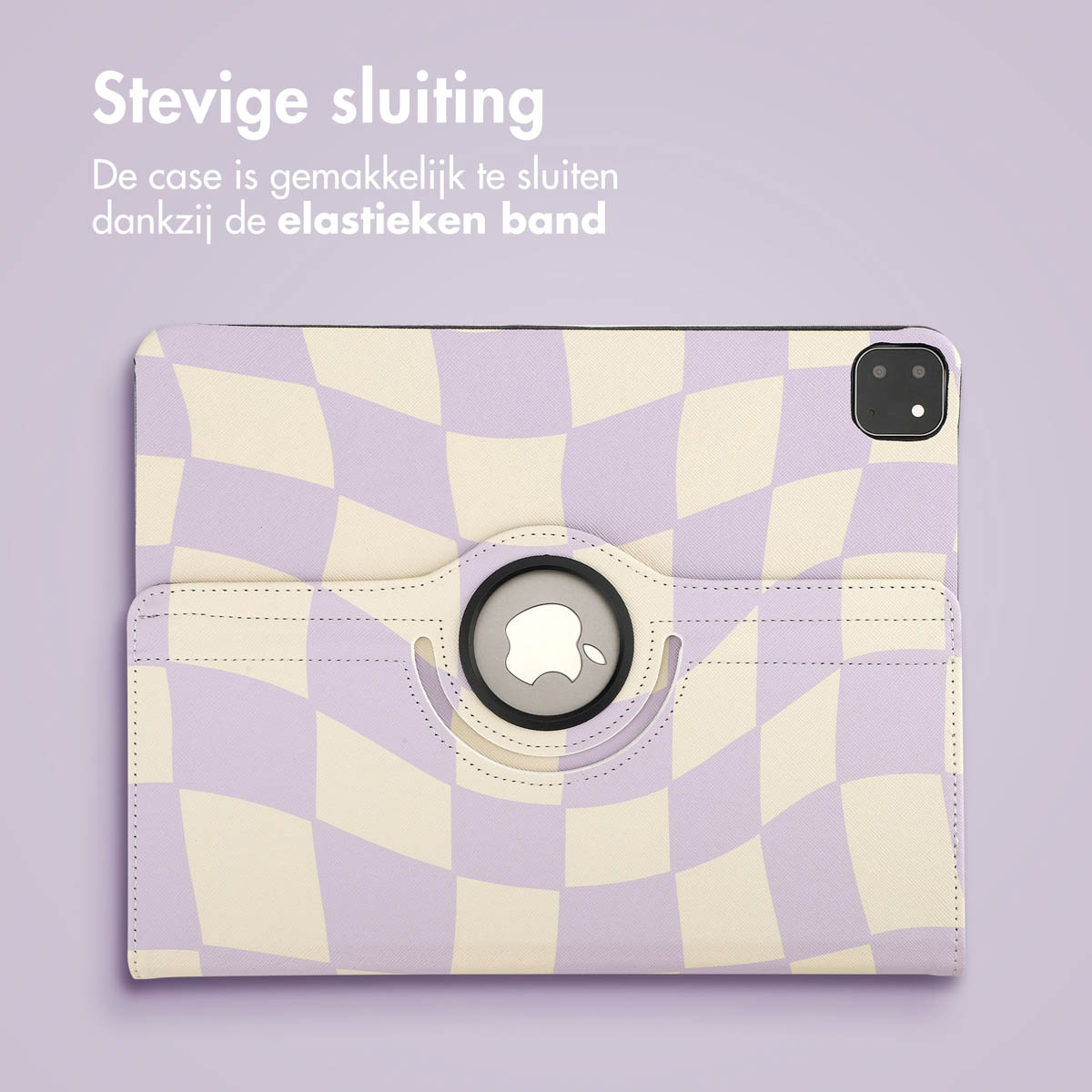 Tablet case with a checkered pattern. Secured by an elastic band for easy closure.