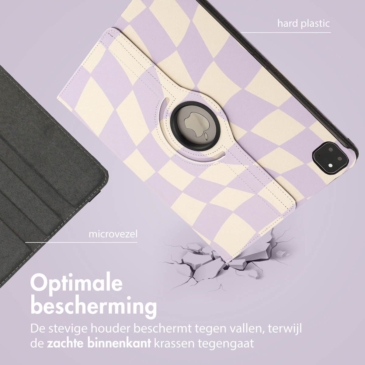 A tablet case with a checkered purple and white design, showing the hard plastic and microfibre material, with text about protection.