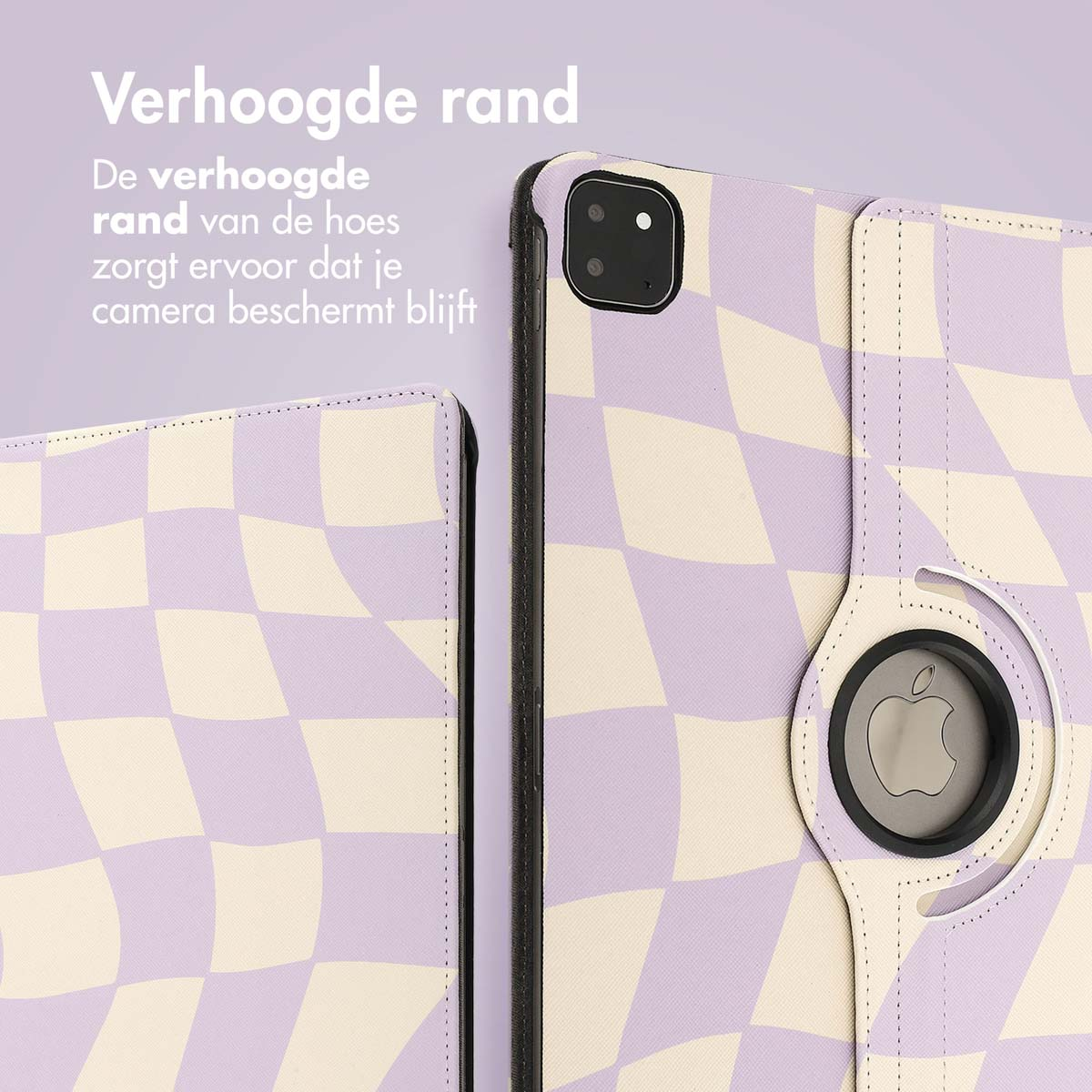 Tablet in a purple and white checkerboard case, with a rotating stand.