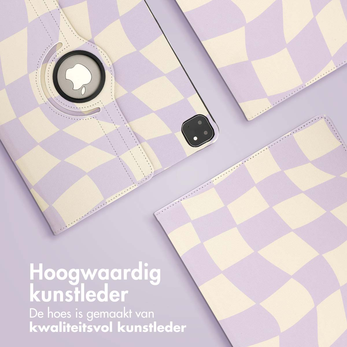 An iPad case with a checkered pattern in light purple and cream colors. It has a camera and Apple logo on the case.