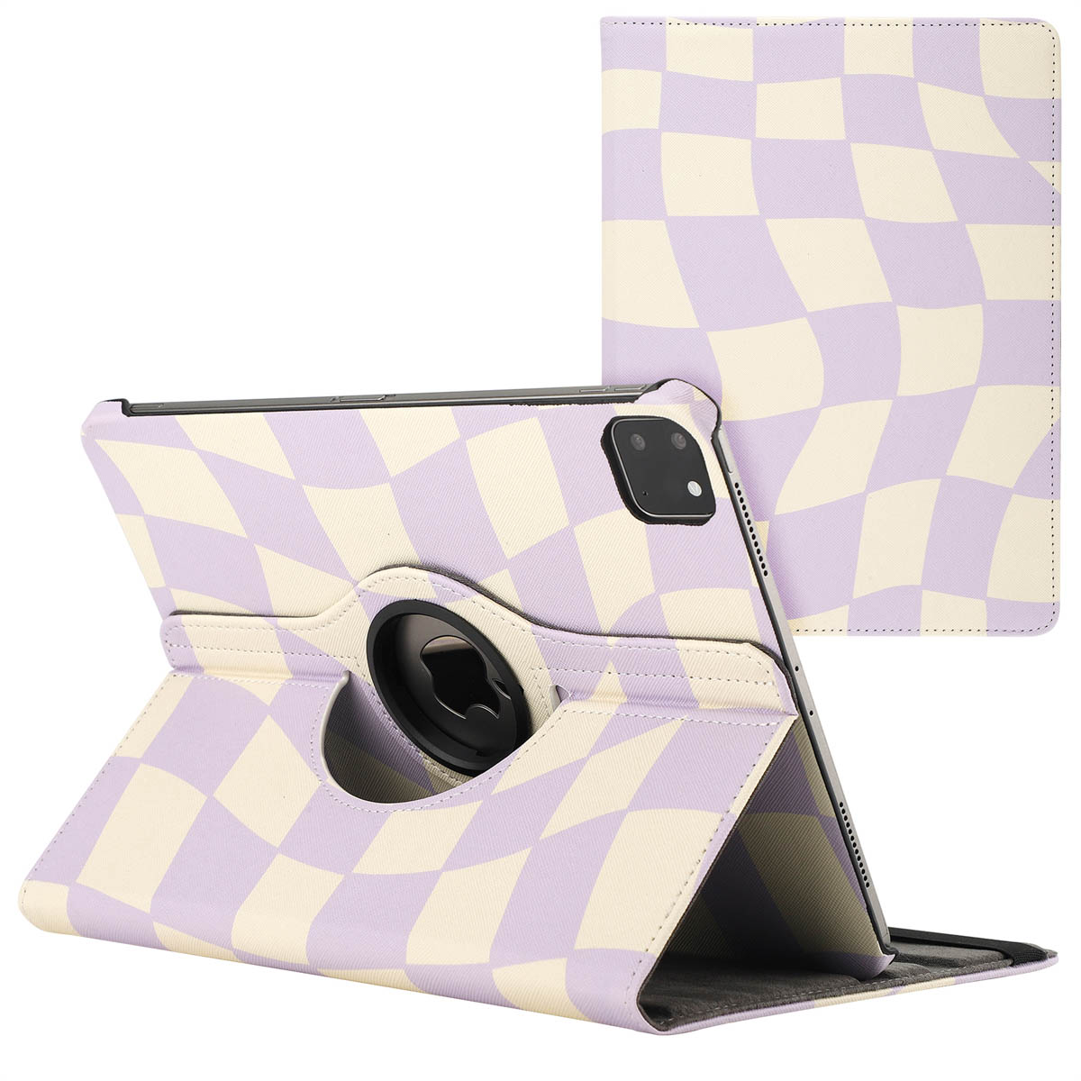 Tablet in a case with a checkerboard pattern. The colors are lavender and cream.
