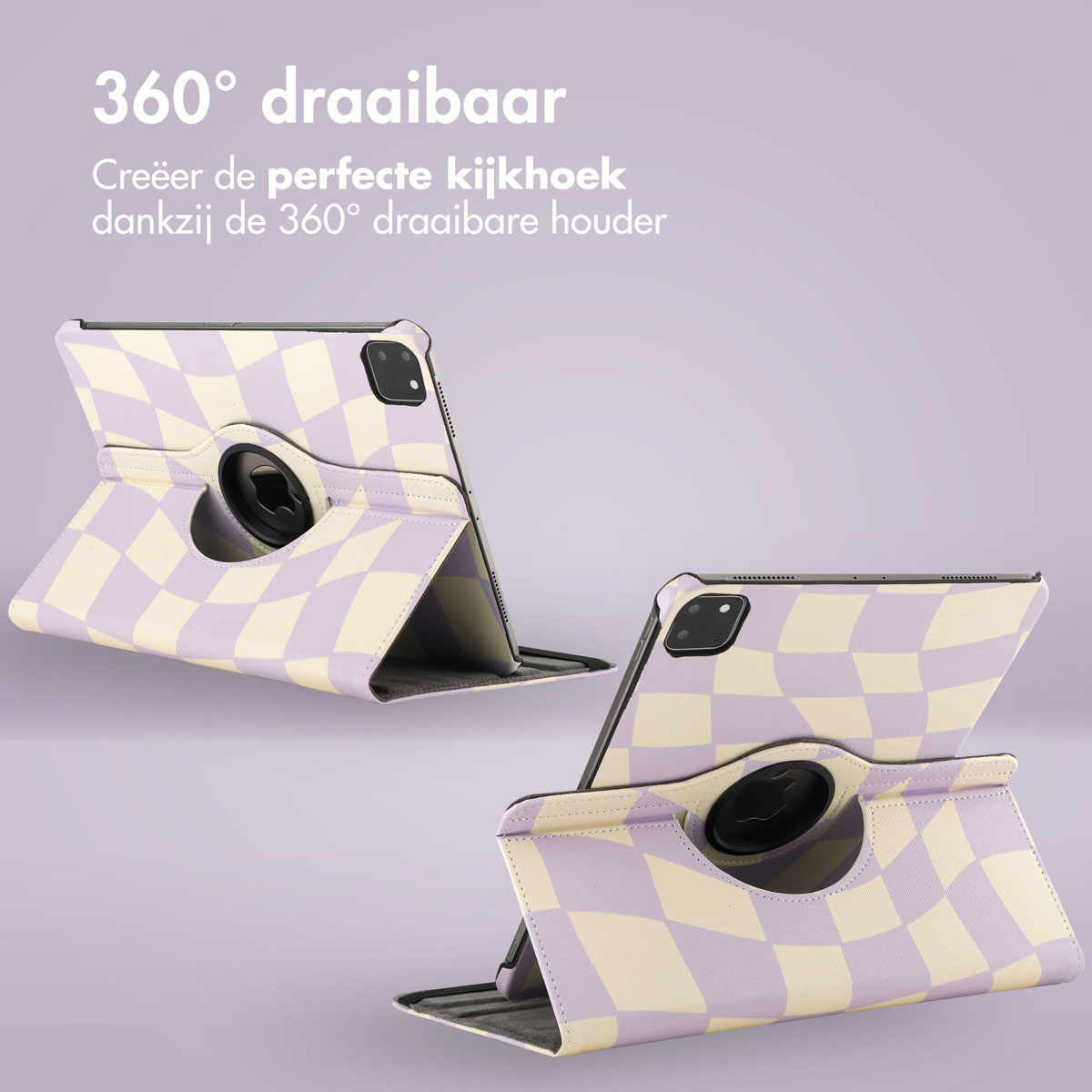 Tablet case with checkered pattern, 360° rotatable for the perfect viewing angle.