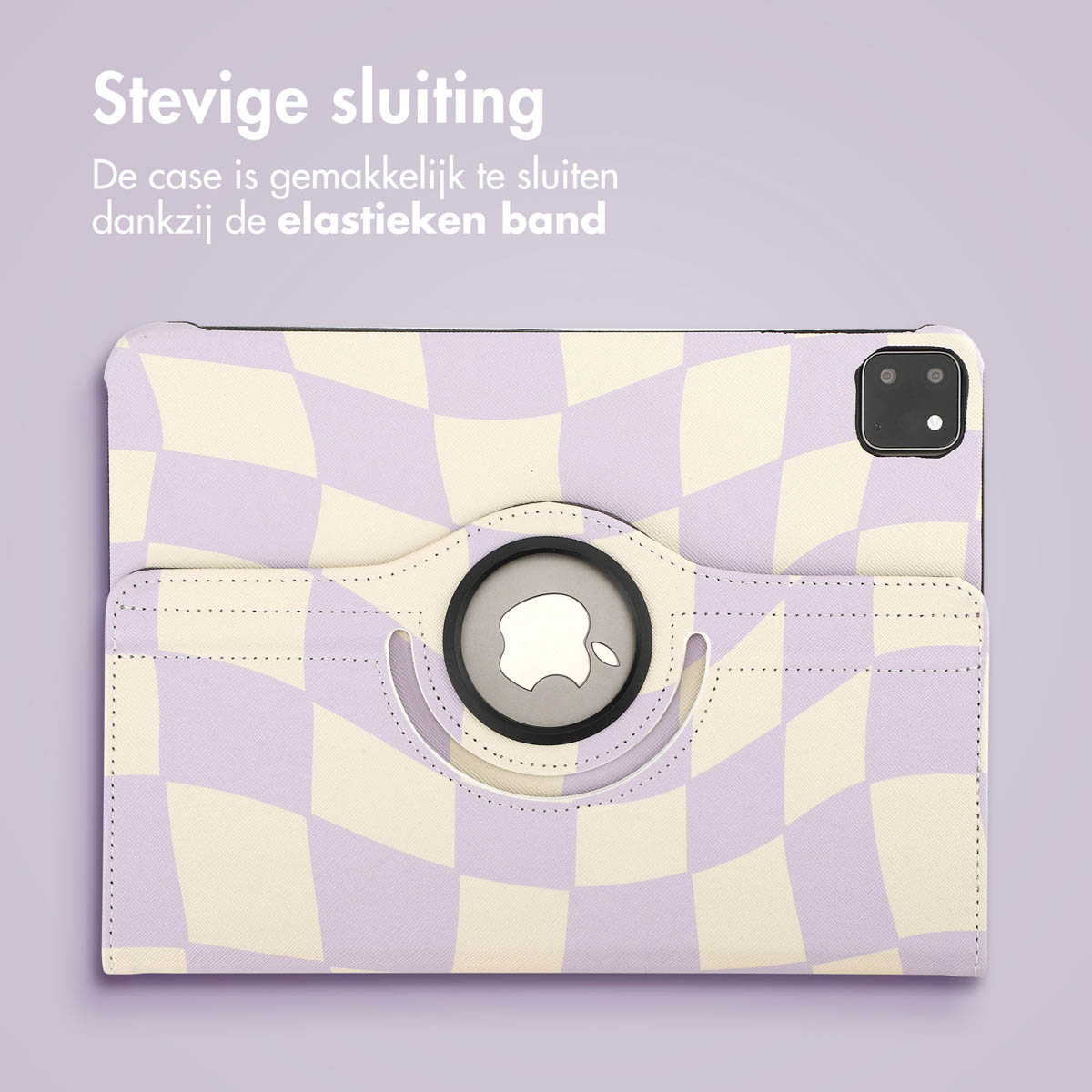 Tablet case with a purple and white checkered pattern on a purple surface. The case has a circle hole.