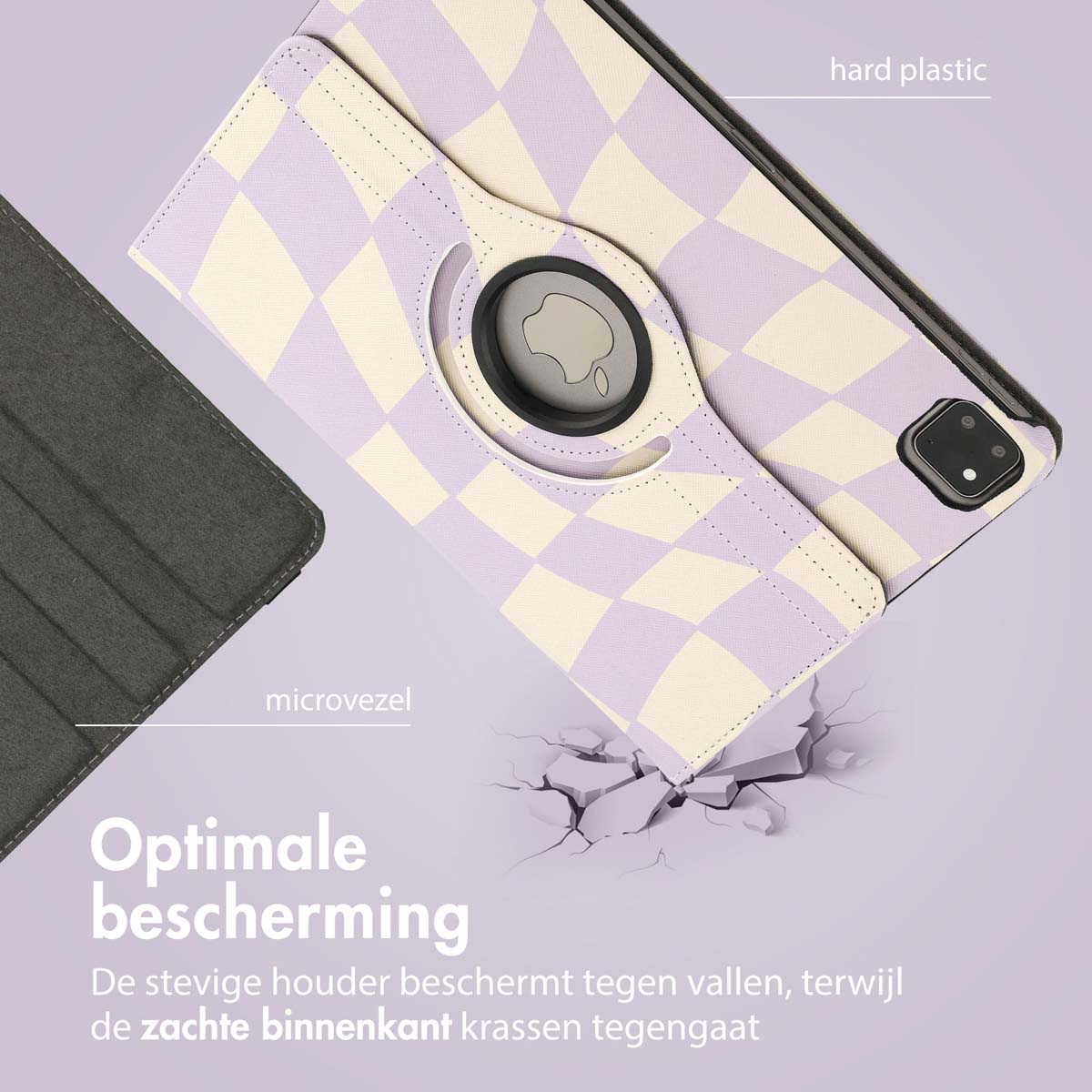 Tablet in a purple and white checkerboard case, with a rotating stand and microfibre lining.