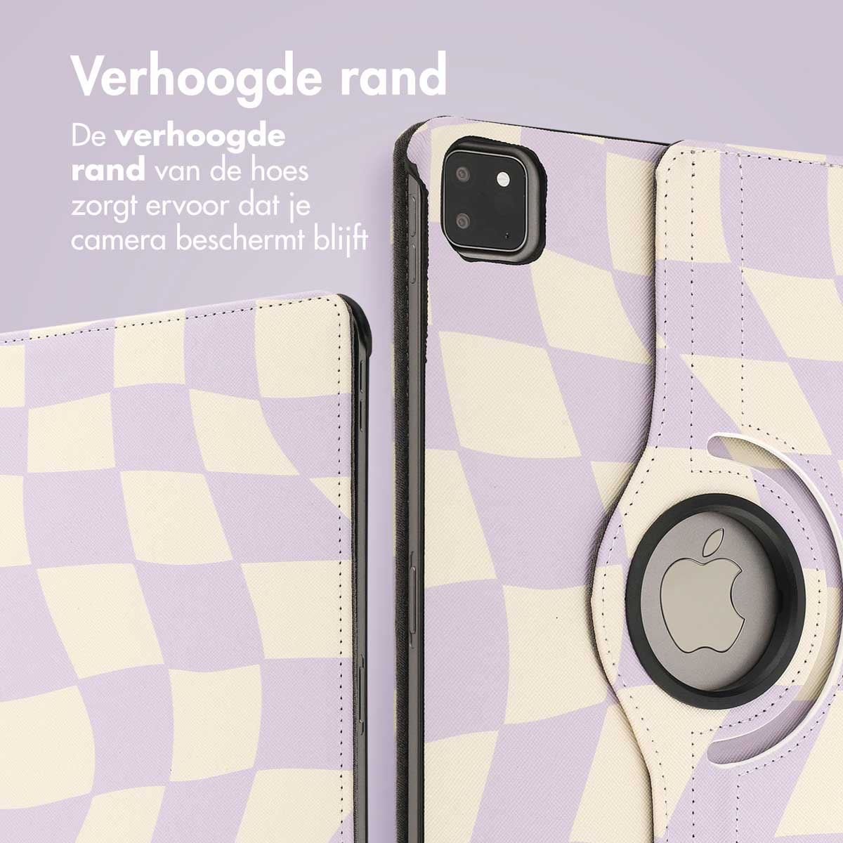 Tablet case with a lilac and white checkered pattern. Text: Raised edge protects camera.