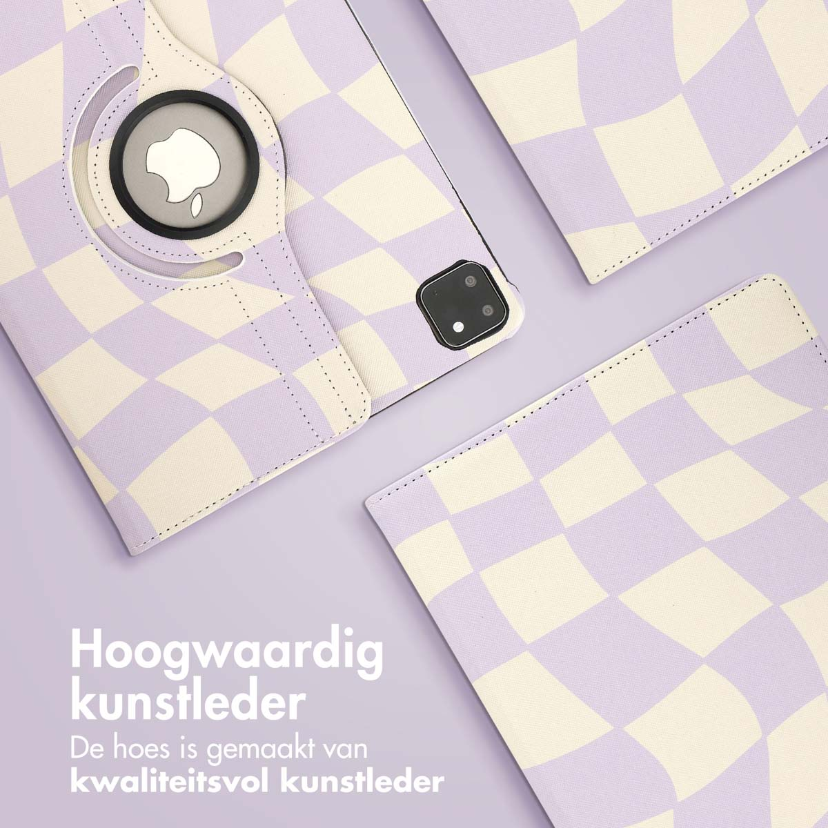 Tablet in a checkered lavender case. Rotating display. Apple logo visible. Text in Dutch.